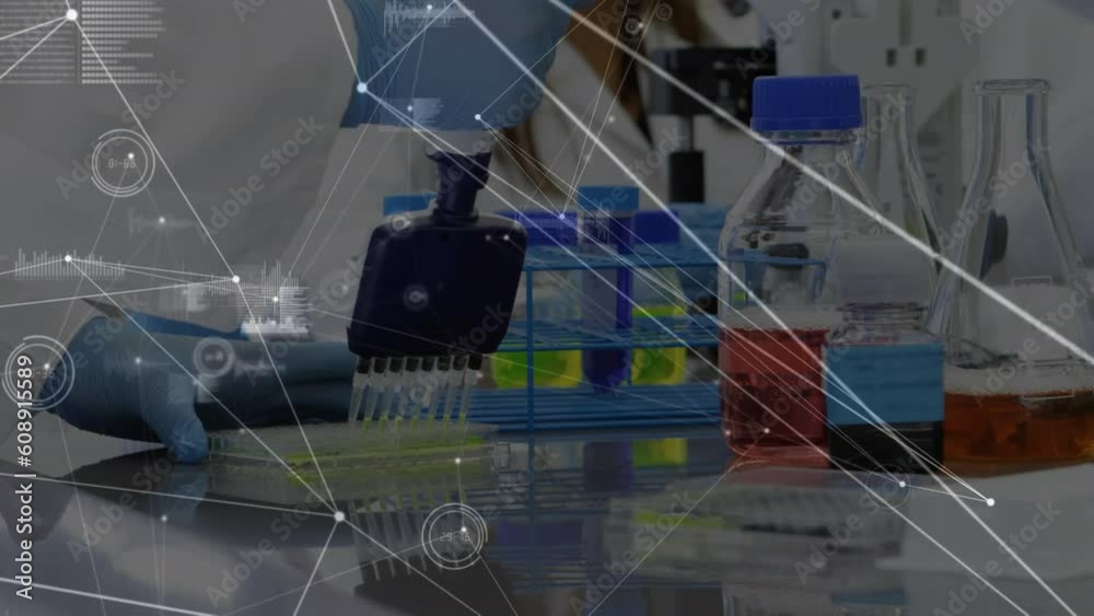 Poster animation of connected dots with graph icons, midsection of scientist injecting liquid in test tubes