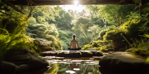 Foto op Canvas sitzende Yoga Pose rücklings mit Blick auf Berge, Wasser und Bäume KI © KNOPP VISION