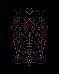 Neon colors isolated on a black background Abstract Floral Design vector line art illustration.
