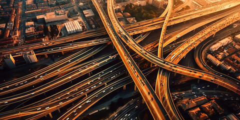 Autobahnschleifen beleuchtet bei Nacht aus der Vogelperspektive KI