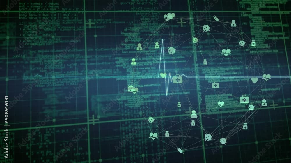 Poster animation of connected icons forming globe and heart rhythm over computer language