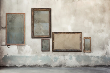 Grunge wall mock up with empty frames. The worn and aged appearance adds character to the mock-up. Generative AI