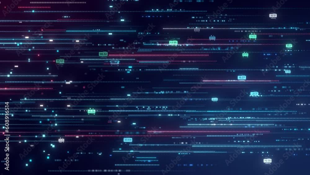 Poster Digital Data Network binary code running,big data concept, dark blue number grid dot line
