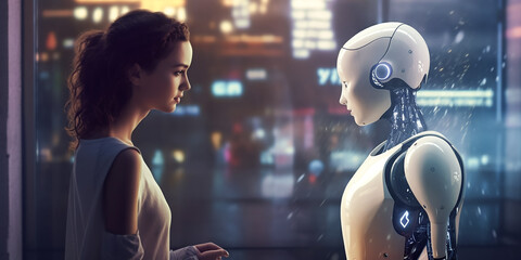 Mensch und Roboter in Gegenüberstellung im Profil KI - obrazy, fototapety, plakaty