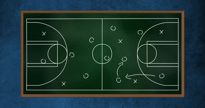 Animation of basketball court with arrows, cross and circle markings on blue background