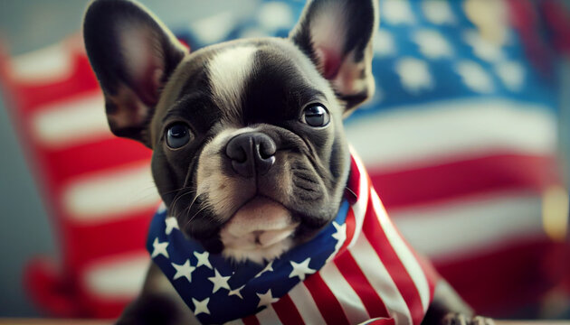 Adorable French bulldog puppy celebrating the 4th of july. US American flag background. American flag for Memorial Day, white graves, 4th of July, Labour Day. Ai generated image