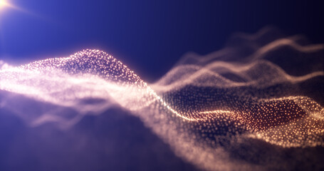 Abstract yellow orange energy waves from futuristic hi-tech particles glowing background