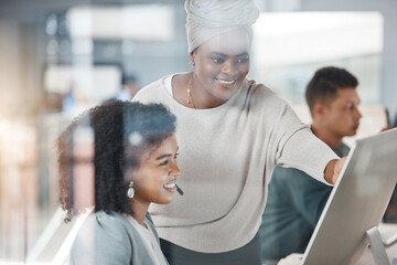 Call center, training and black woman with employee on computer for customer service, support or telemarketing. Coaching, sales agent and mentor teaching intern crm, help desk and learning consulting