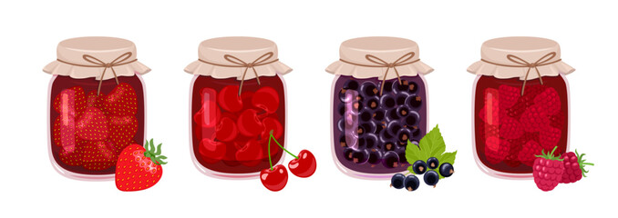 Berry jam in glass jars set. Vector cartoon flat illustration of raspberry, strawberry, blackcurrant and cherry jam.