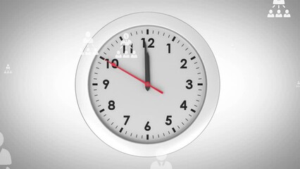Animation of people icons moving up over clock against white background, copy space