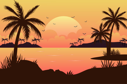 Colorful gradient beach and palm silhouettes landscape background