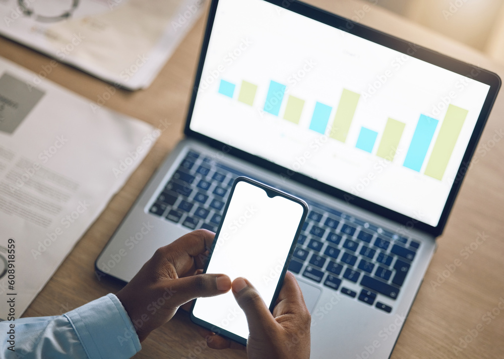 Aufkleber phone space, business person and data analysis on laptop screen, financial research and increase or 