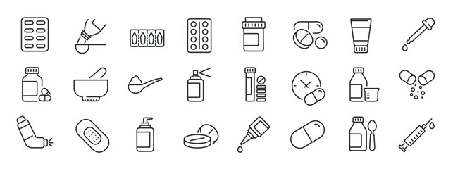 Pharmaceutical dosage thin line icons. Editable stroke. For website marketing design, logo, app, template, ui, etc. Vector illustration.