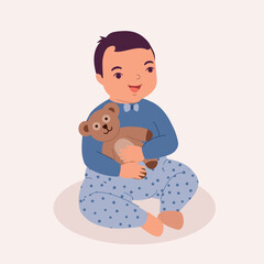 One Smiling Little Baby Boy In Pyjamas Hugging A Teddy Bear While Sitting On Floor. Full Length. Flat Design Style, Character, Cartoon.