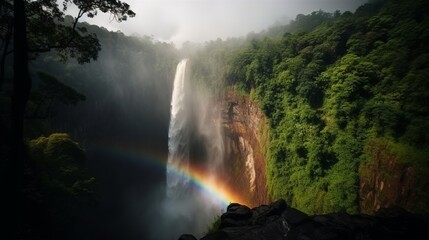 waterfall in the forest with rainbow made with generative ai