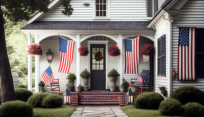 Patriotic 4th of July decor on house exterior. American flag for Memorial Day, white graves, 4th of July, Labour Day. Ai generated image - obrazy, fototapety, plakaty