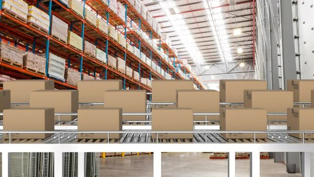 Animation of cardboard boxes moving on conveyor belt over packages arranged on shelf in warehouse