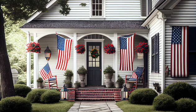 Patriotic 4th of July decor on house exterior. American flag for Memorial Day, white graves, 4th of July, Labour Day. Ai generated image