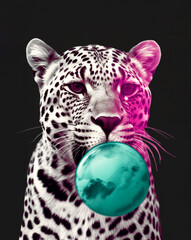 Animal portrait of a wild animal, a vivid color leopard that is ready for a crazy summer party. Funny wild cat. Illustration, Generative AI.