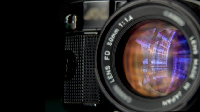 Vintage camera canon A1 aperture moving close up shot. Negative space 4K footage