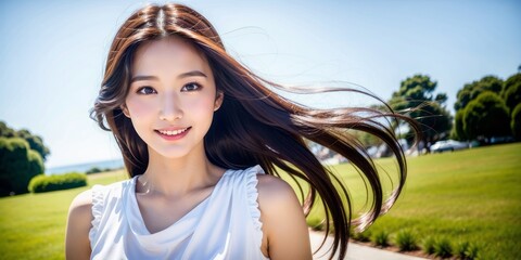 笑顔でカメラ目線のロングヘアの日本人女性(美人モデル)