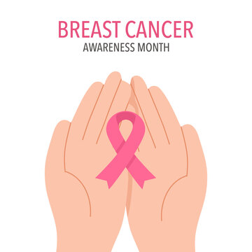Breast cancer awareness month concept vector illustration. Woman hands holding pink ribbon logo in flat design.
