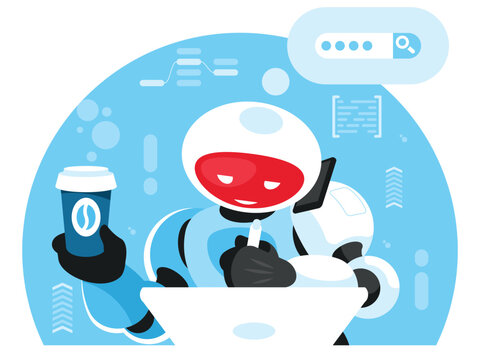 Artificial intelligence draws a picture based on a search query. Artificial intelligence robot draws on a tablet, drinks coffee and talks on a smartphone. AI at work. Vector illustration