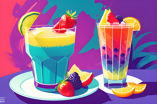 Fruit cocktails, retro illustration. Generative AI