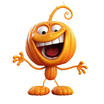pumpkin cartoon character with wide smile on a transparent background. Generative AI