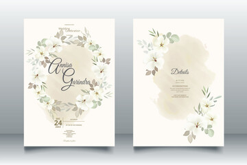 Floral wedding invitation template set with white flower and leaves decoration Premium Vector