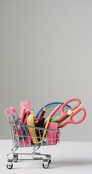 Vertical video of close up of shopping trolley with school items and copy space on grey background