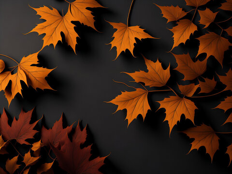 Autumn leaves on a black background. 3d render illustration. AI generated.