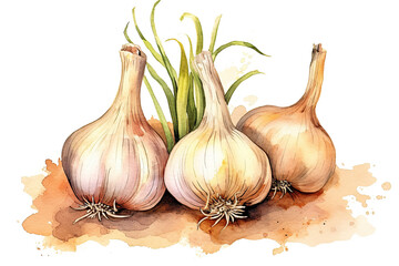 Garlic bulbs and cloves isolated drawing on white watercolor illustration, created with Generative AI	