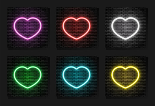 Hearts neon icons collection. Glowing heart shaped frames of different colors on dark brick wall. Best for polygraphy, print  and web design.