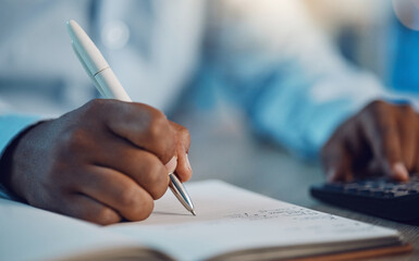 Hand, writing and calculator with notebook, planning and budget for tax, compliance or finance for...