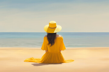 Fototapeta na wymiar Woman with a hat and long yellow dress sitting on the beach and contemplating the sea. Portraying travel concept. Generative AI.