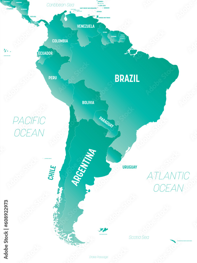 Wall mural south america - high detailed political map south american continent with country, ocean and sea nam - Wall murals