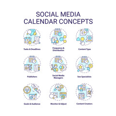 Social media calendar concept icons set. Digital content. Online tool. Schedule planner. Internet blog. Marketing plan idea thin line color illustrations. Isolated symbols. Editable stroke