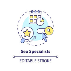 Seo specialists concept icon. Website ranking. Search engine optimization. Content strategy. Digital marketing abstract idea thin line illustration. Isolated outline drawing. Editable stroke