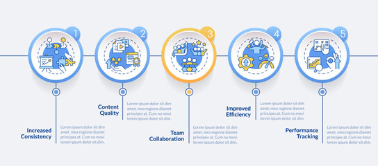 Editorial calendar advantages circle infographic template. Data visualization with 5 steps. Editable timeline info chart. Workflow layout with line icons. Lato-Bold, Regular fonts used