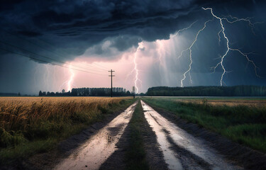 Naklejka na ściany i meble a road with lightning going through the field