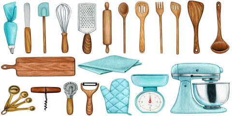 Watercolor hand drawn cooking tools collection