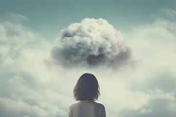 Young woman with her whole head in cloud, Depression, loneliness and mental health concept, Psychology theme, Dreaming, Having racing of memory loss, dementia, created with Generative AI