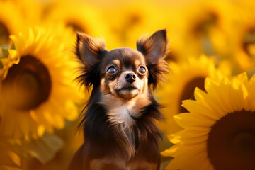 Fototapeta premium Small dog sitting in sunflower field. Generative AI illustration