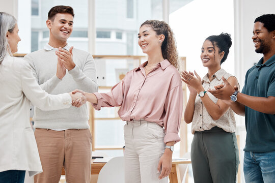 Handshake, clapping and business women in meeting success, celebration or CEO thank you, onboarding or hiring. Applause, mentorship and people shake hands in achievement, thanks and project promotion