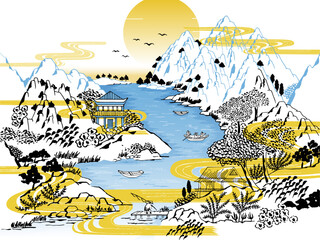 Illustration showing a charming landscape in Old Korea, with a river flowing through the mountains.	