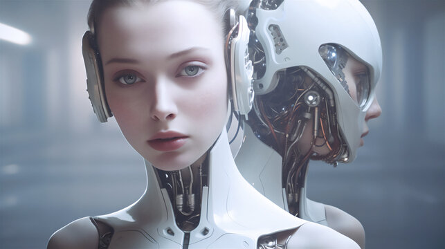 Android Robot Face, Artificial Intelligence Futuristic  Background. Ai generated.