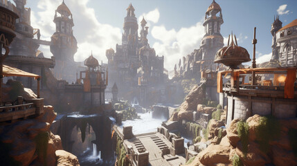 Fantasy illustration village of wizard and warrior