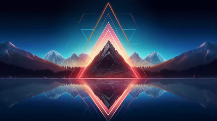 Foto op Canvas Abstract neon background with geometric triangle shape, Beautiful frame and extraterrestrial landscape under the night sky and Rocks. Futuristic minimalist wallpaper. Created with Generative AI.  © Sunshinemeee