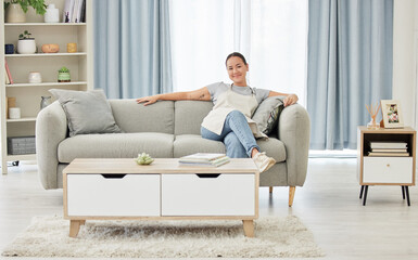 Cleaning, relax and portrait of woman on sofa for housekeeping service, hygiene and sanitary....